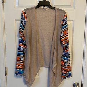 Unique Cardigan. Aztec sleeve design & a lightweight cotton body, Sz Lg.